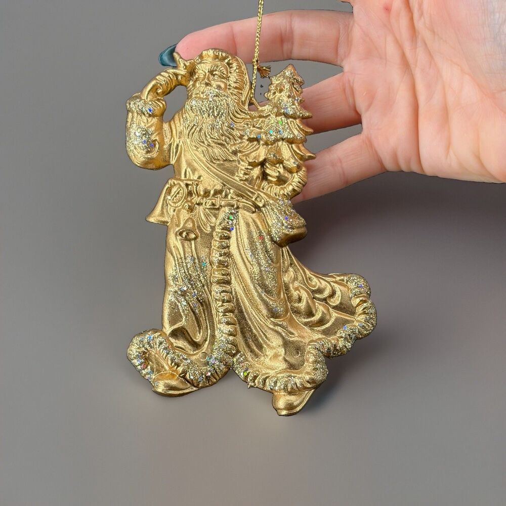 Vintage Gold Santa Claus Christmas Ornament Glitter Tree Made in Taiwan 5”